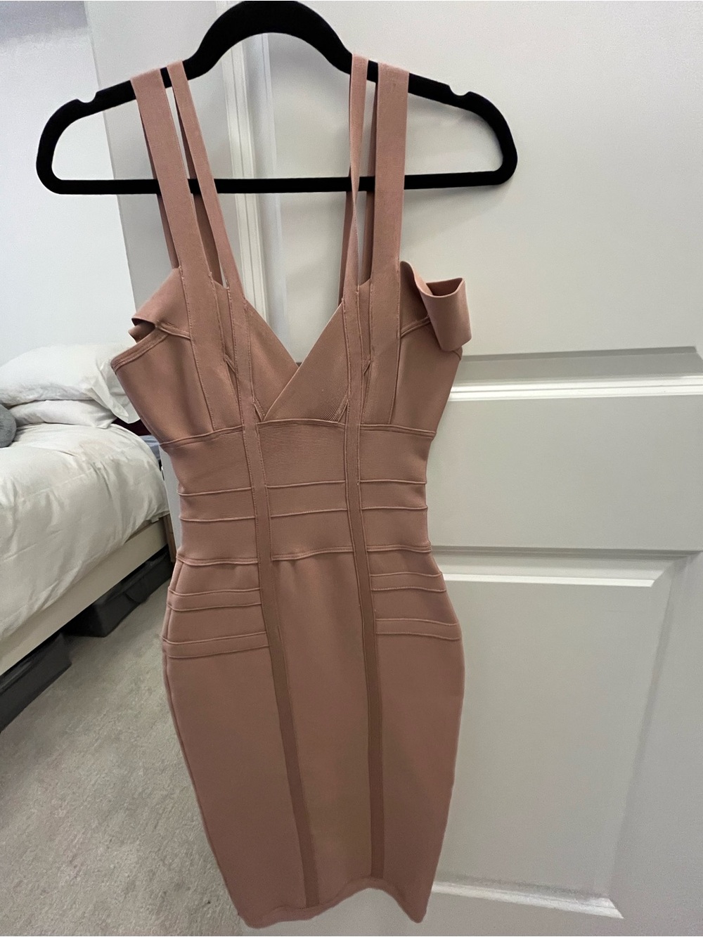 House of CB Blush Pink Off-Shoulder Midi Satin Dress